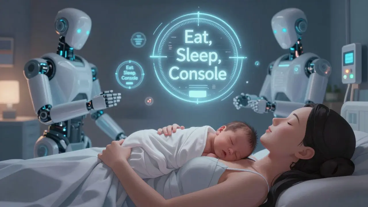 Newborn baby skin-to-skin with mother, assisted by quiet robotic nurses in a calming nursery.