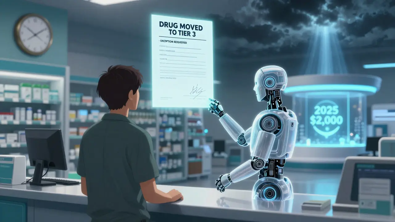 Patient at pharmacy receives formulary alert as a floating appeal letter counts down to approval deadline.