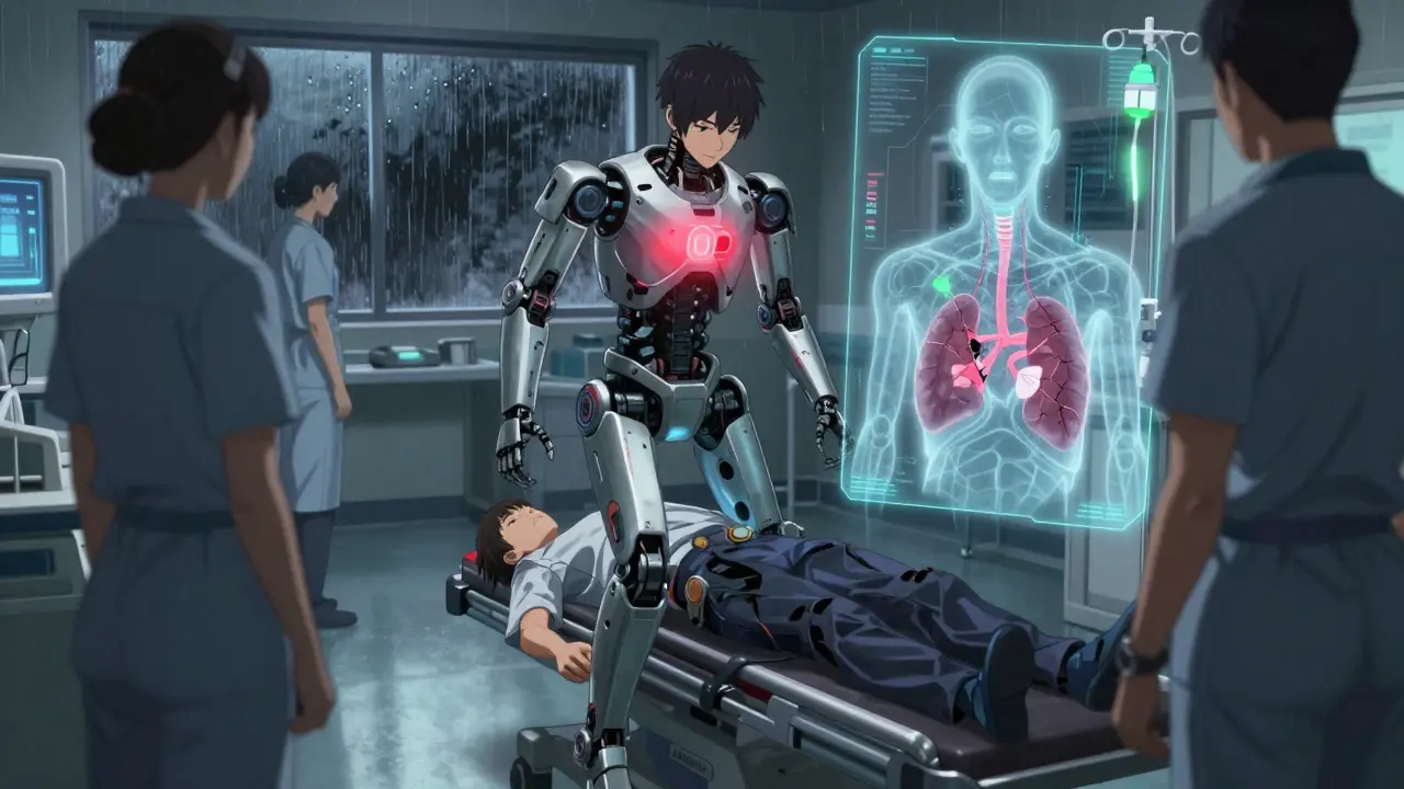 Patient collapsing in hospital with holographic cortisol levels reading zero, medical staff reacting.