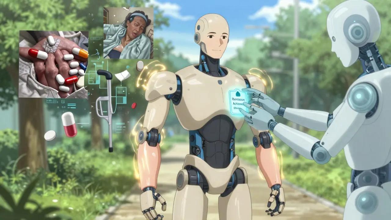 Patient in a park with glowing healthy joints as past pain dissolves into digital code, a remission badge glowing on their chest.