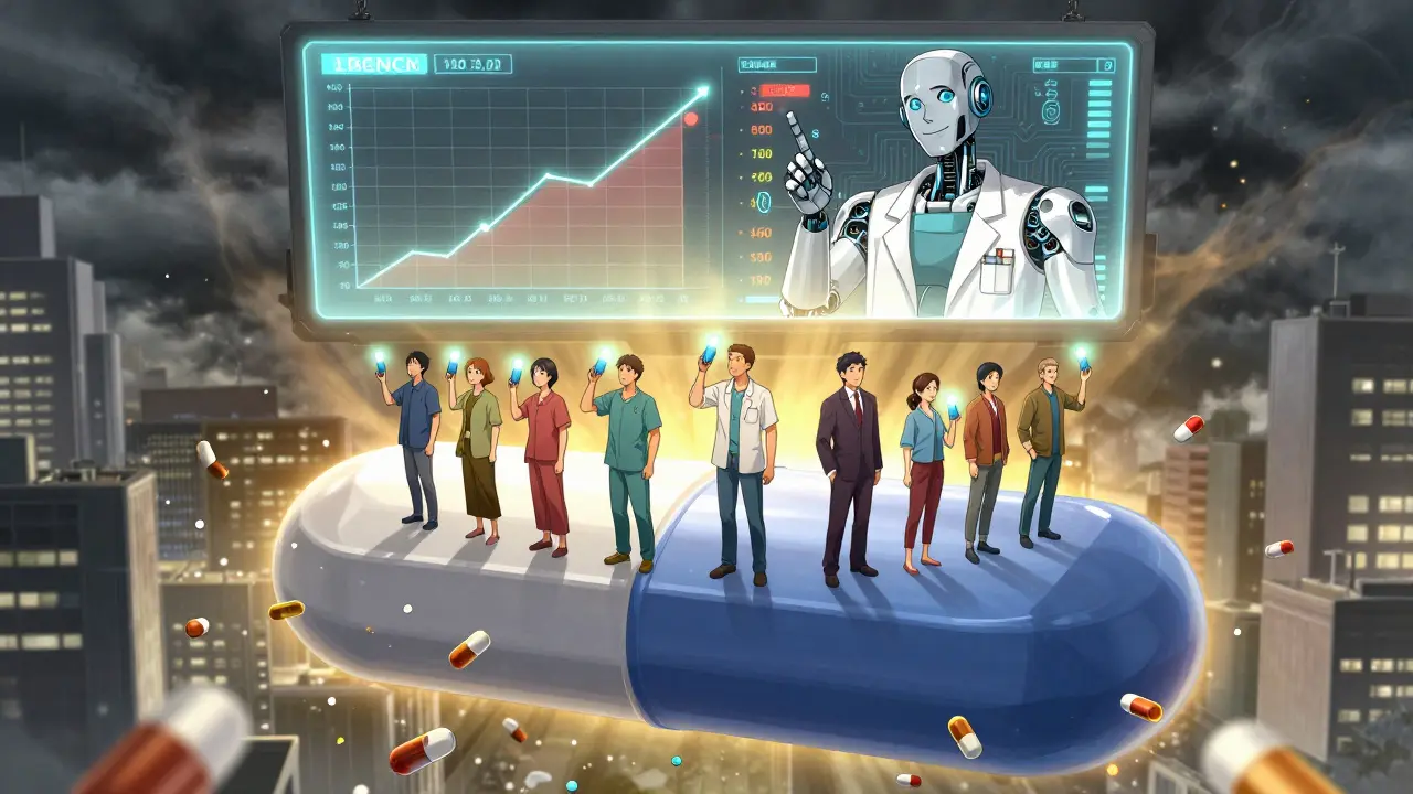 Patients stand on a pill-shaped platform holding single capsules as old bottles disintegrate below.