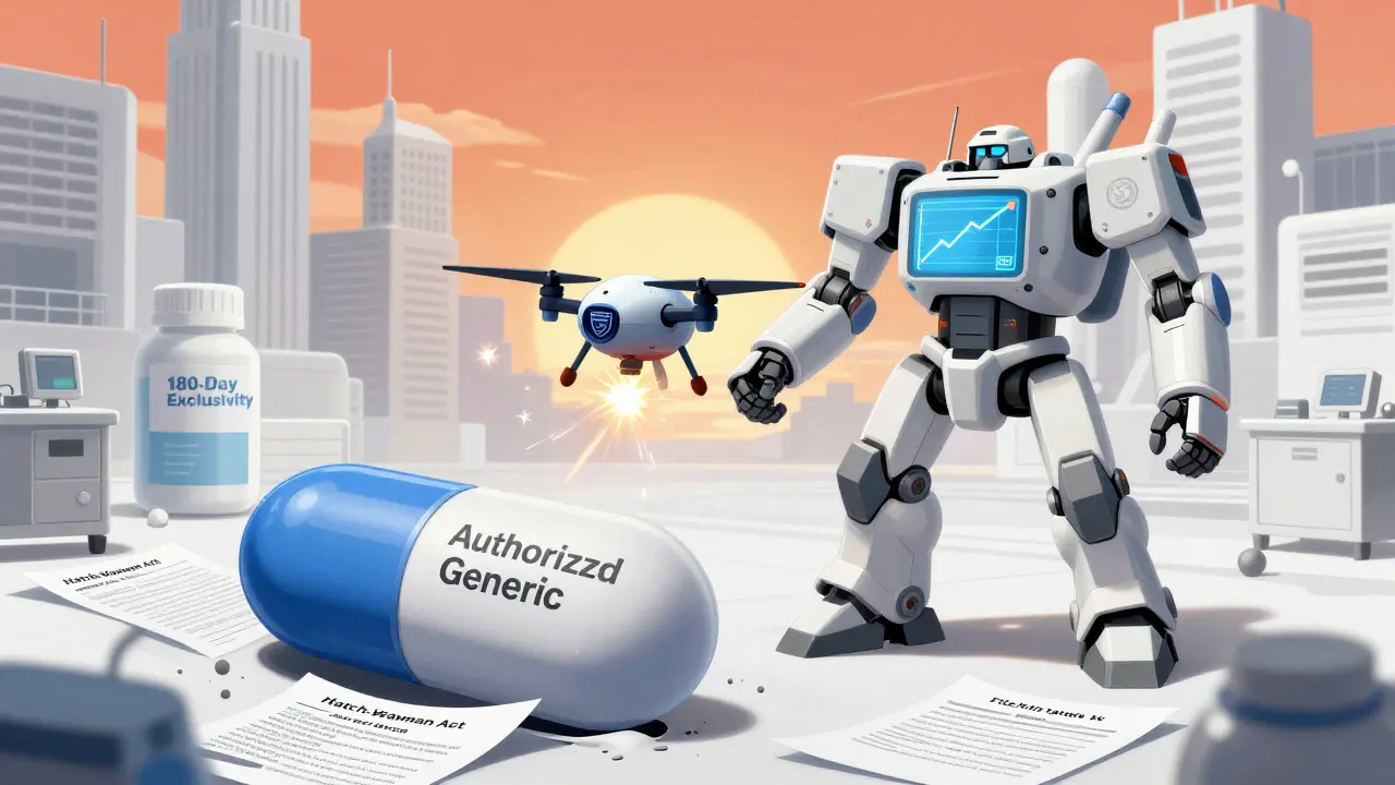 Pill-shaped mechs battle in a lab as a branded drone disables a generic mech during exclusivity window.