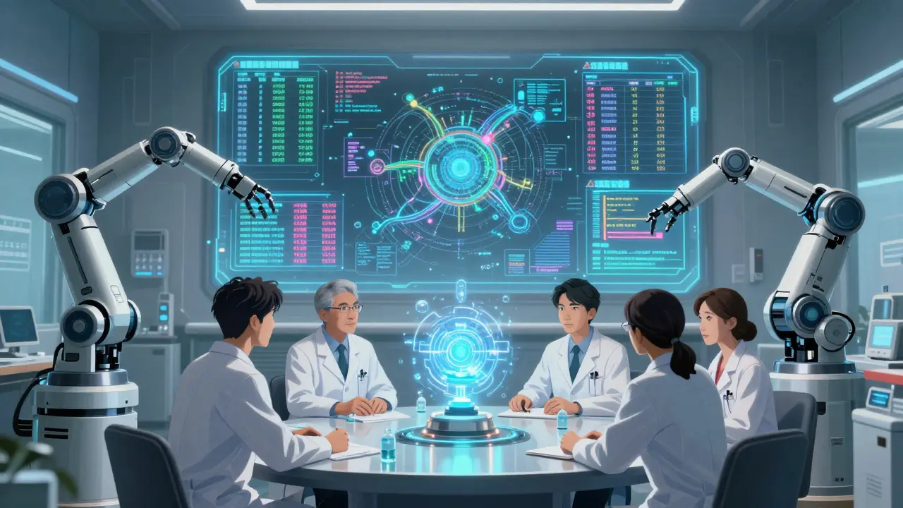 Robotic arms analyze medical data in a high-tech committee room, human experts debate beneath a glowing AI core.