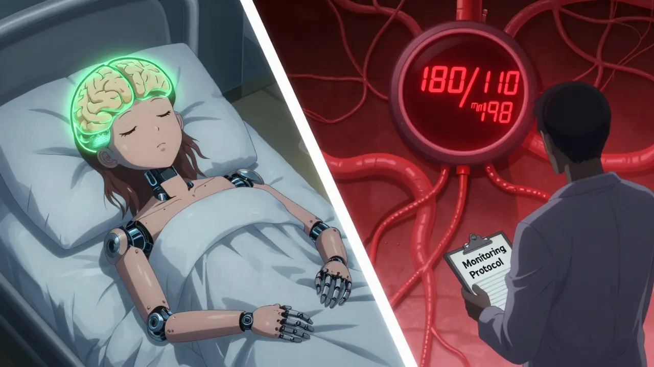 Split scene: peaceful brain on one side, dangerous hypertension on the other, in anime robot style.
