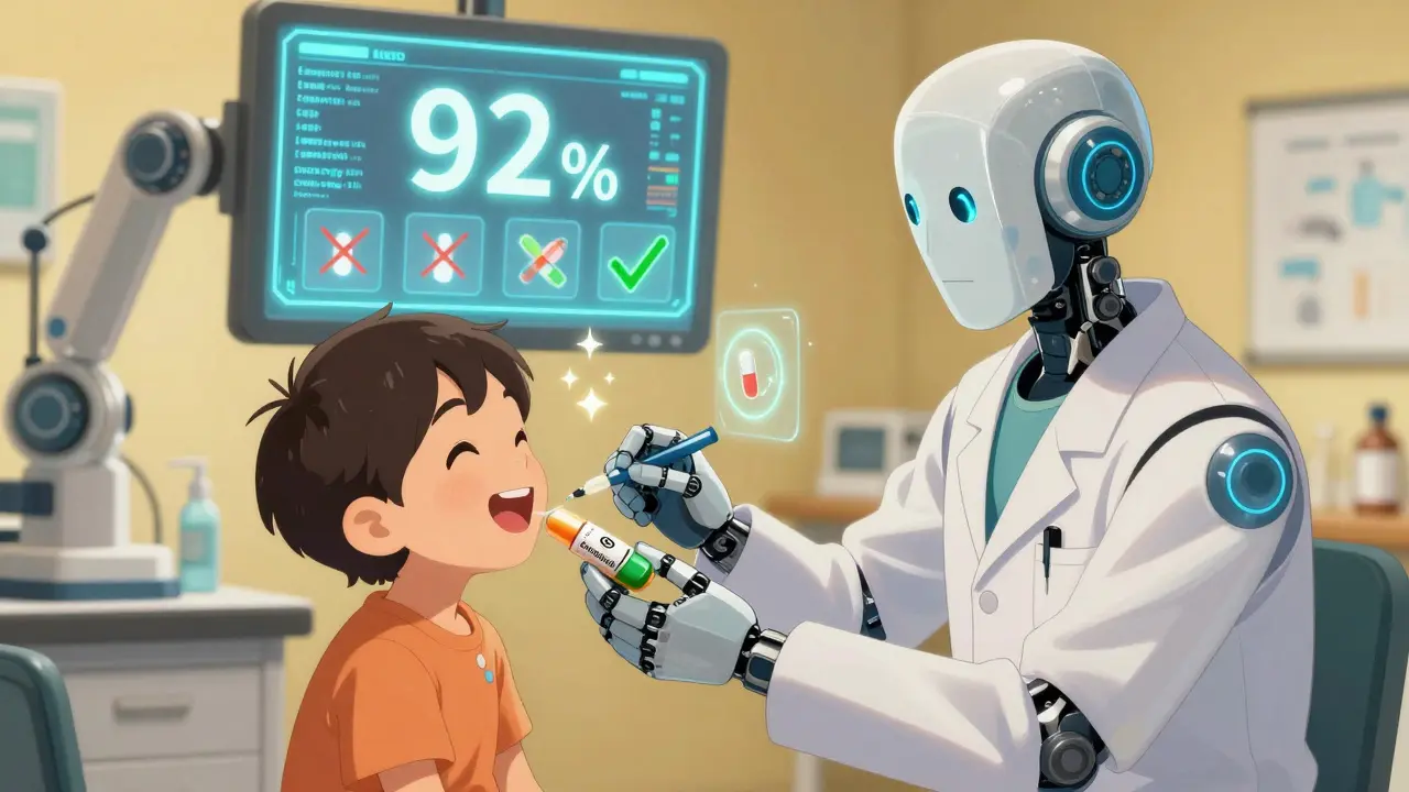 A child takes amoxicillin during a supervised challenge as holographic readouts confirm safety, with cefaclor crossed out in the background.