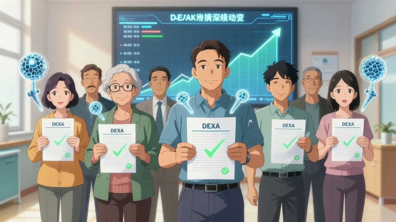 A diverse group of people holding glowing DEXA reports with holographic bones showing improved density, standing confidently in a clinic.