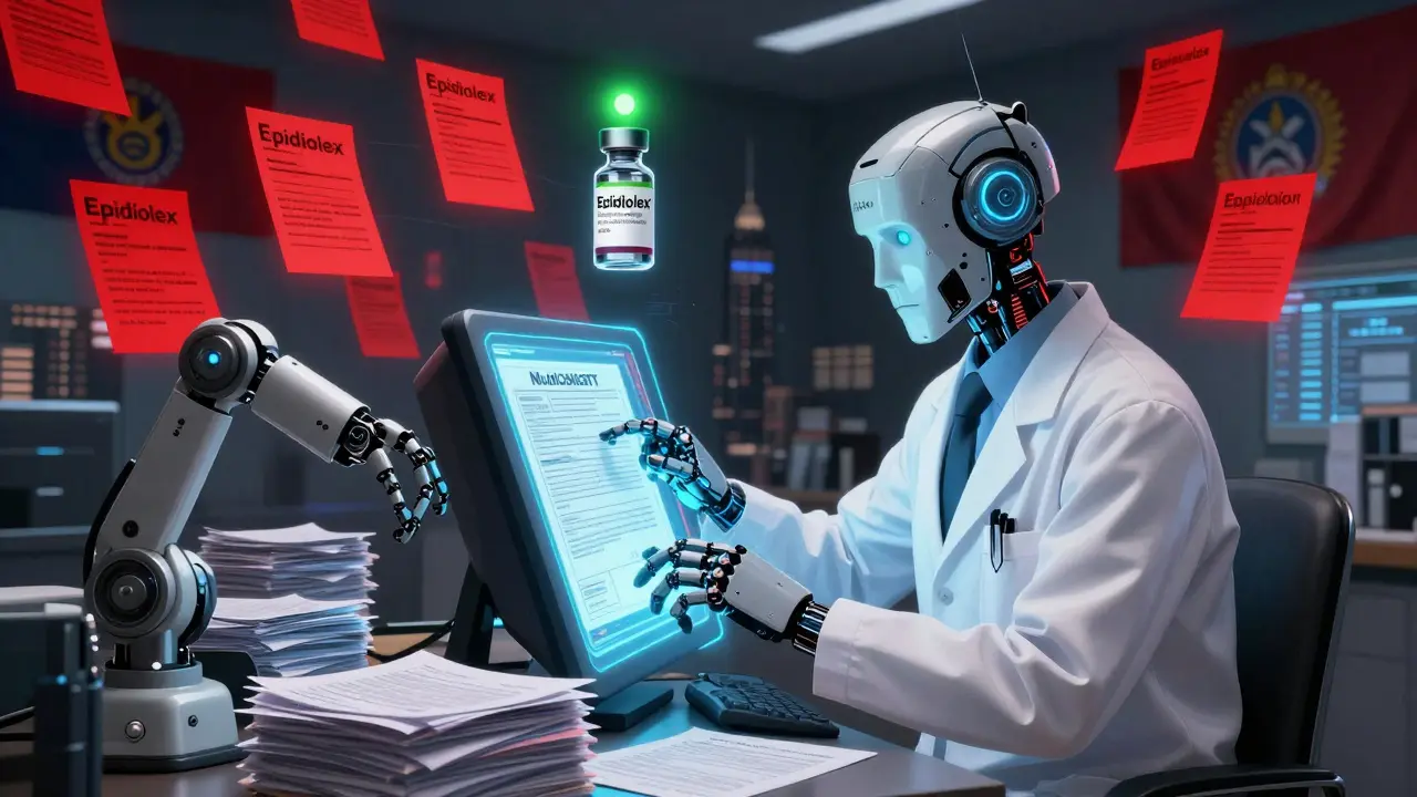 A doctor submits a medical necessity letter as robotic arms process prior authorization forms with glowing denial notices.