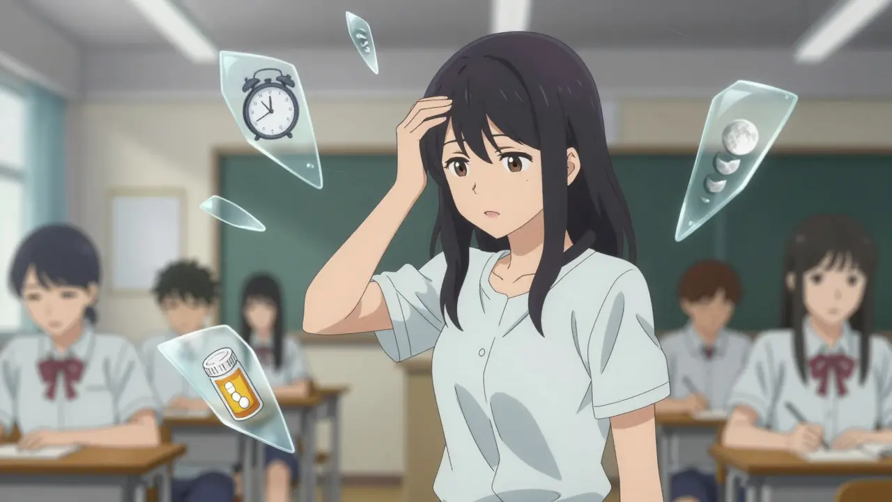 A girl in a classroom experiencing an absence seizure with floating trigger symbols around her.