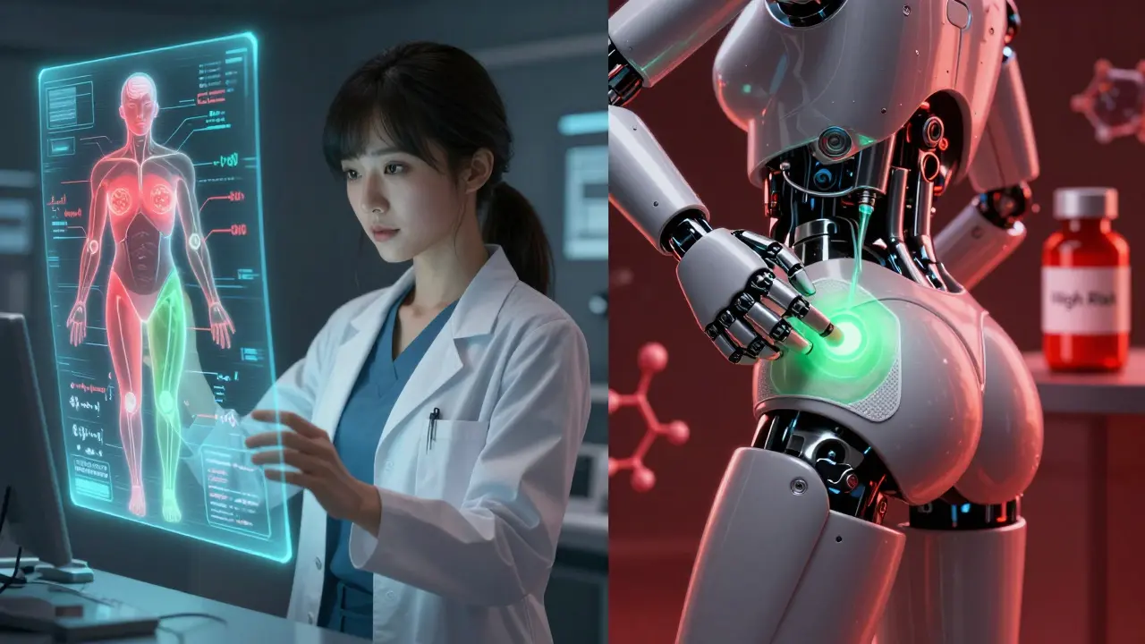 A holographic body display contrasts risks of oral pills with safety of transdermal patches in a futuristic medical scene.