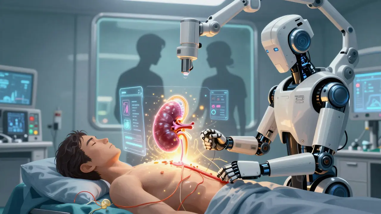A kidney transplant surgery with glowing organs and robotic surgical arms in a futuristic operating room.