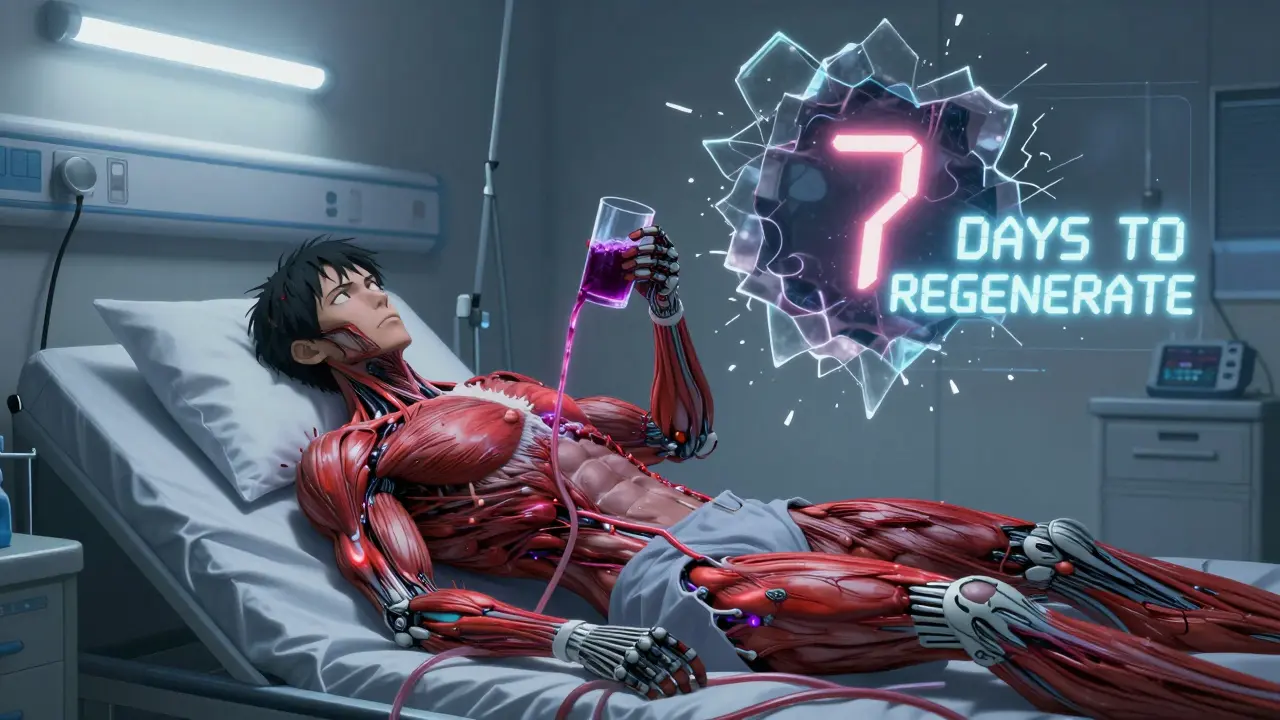 A patient's muscles fray into glowing filaments as grapefruit juice flows into their bloodstream, with a shattered enzyme counting down to regeneration.