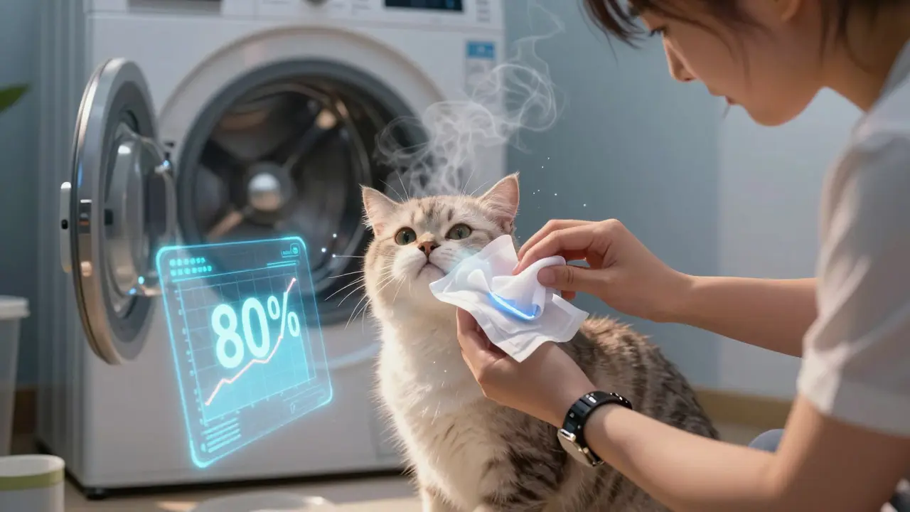 A person using a wipe to reduce allergens on a cat, with a holographic display showing 80% reduction, laundry steaming in the background.