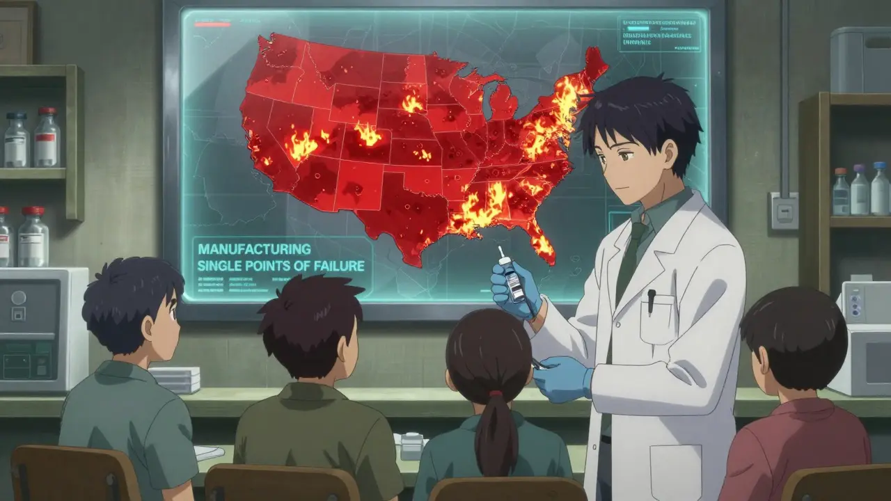 A pharmacist rationing insulin as a robotic map shows nationwide drug supply failures spreading.