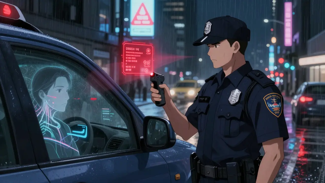 A police officer uses a scanner to detect drugs in a driver's saliva, with a hologram showing dangerous medication levels.