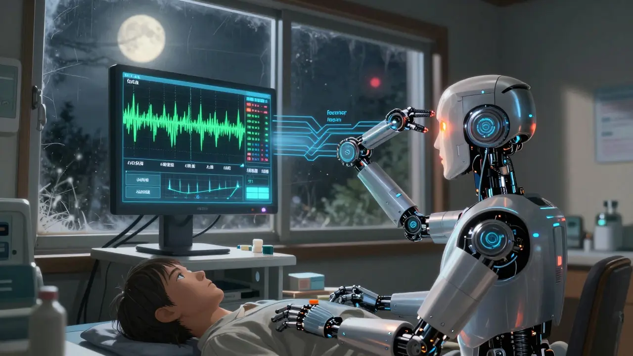 A robotic AI analyzing seizure data above an EEG monitor in a rural clinic under moonlight.