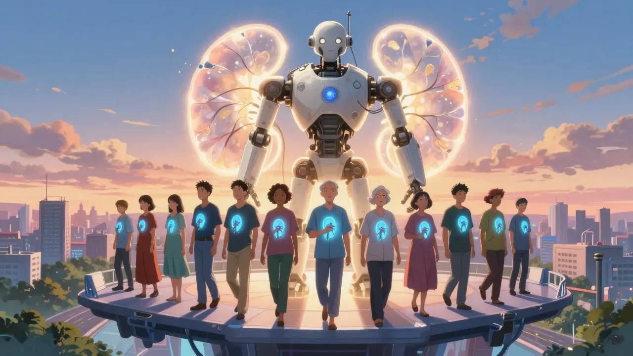 Diverse patients holding glowing kidney cores as a dialysis machine transforms into light, symbolizing freedom.