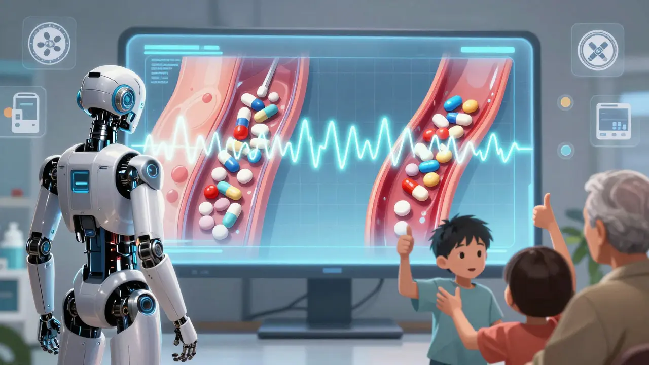 Doctor explaining bioequivalence via hologram as child and senior patient give thumbs-up, surrounded by medical icons.