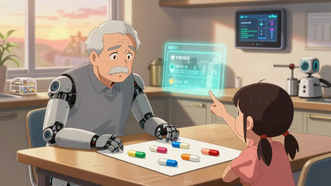 Elderly man with pills on a table, granddaughter using a scanner and illustrated card to explain pill changes.