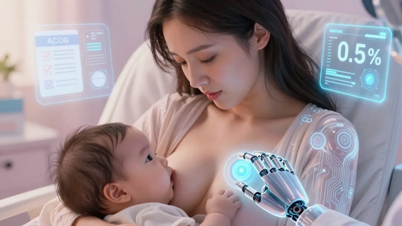 Mother breastfeeding while robotic hands monitor medication dosage and safety metrics with soft nursery lighting.