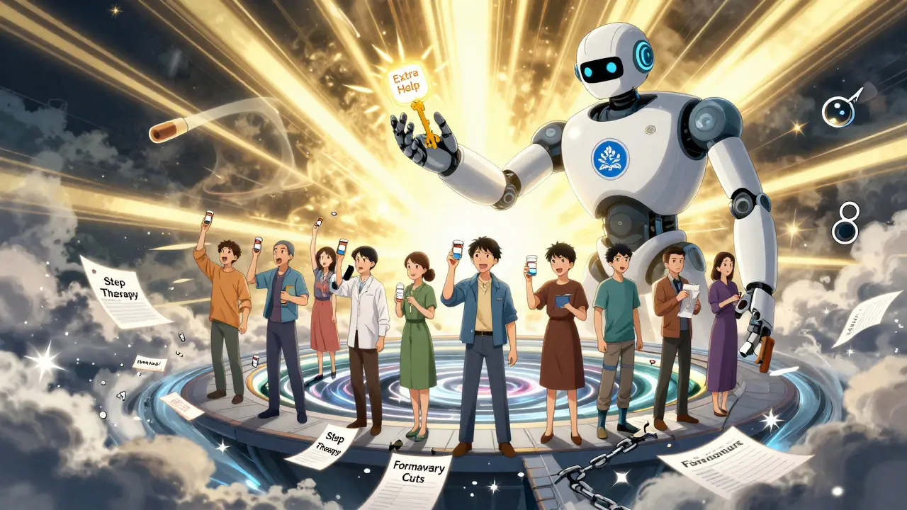 Patients stand before a giant guardian robot offering a key labeled 'Extra Help' as broken chains of restrictions shatter around them.