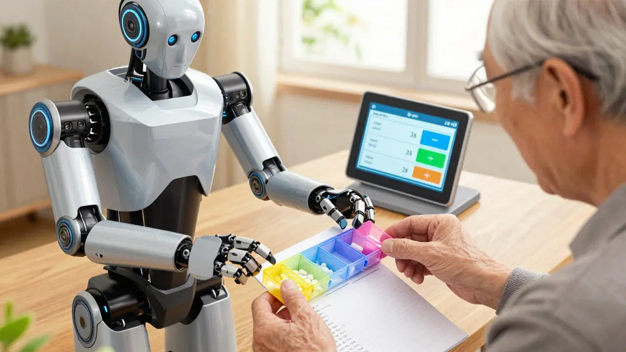 Senior updating medication list with robot helper sorting pills into organizer