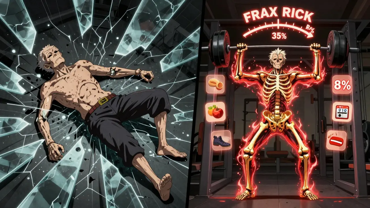 Split scene: frail fall vs. strong exercise, with bone health metrics shifting from danger to safety.