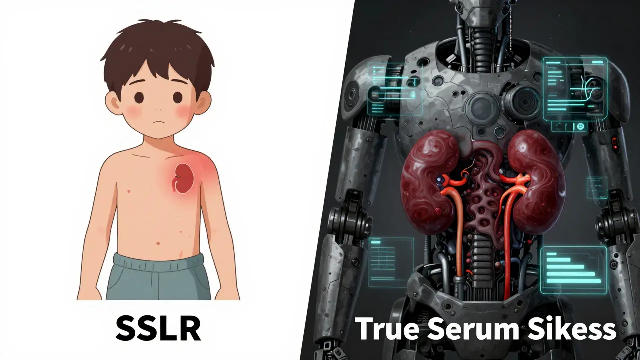 Split-screen comparison: left shows a child with SSLR symptoms and normal organs, right shows adult with true serum sickness and damaged kidneys.