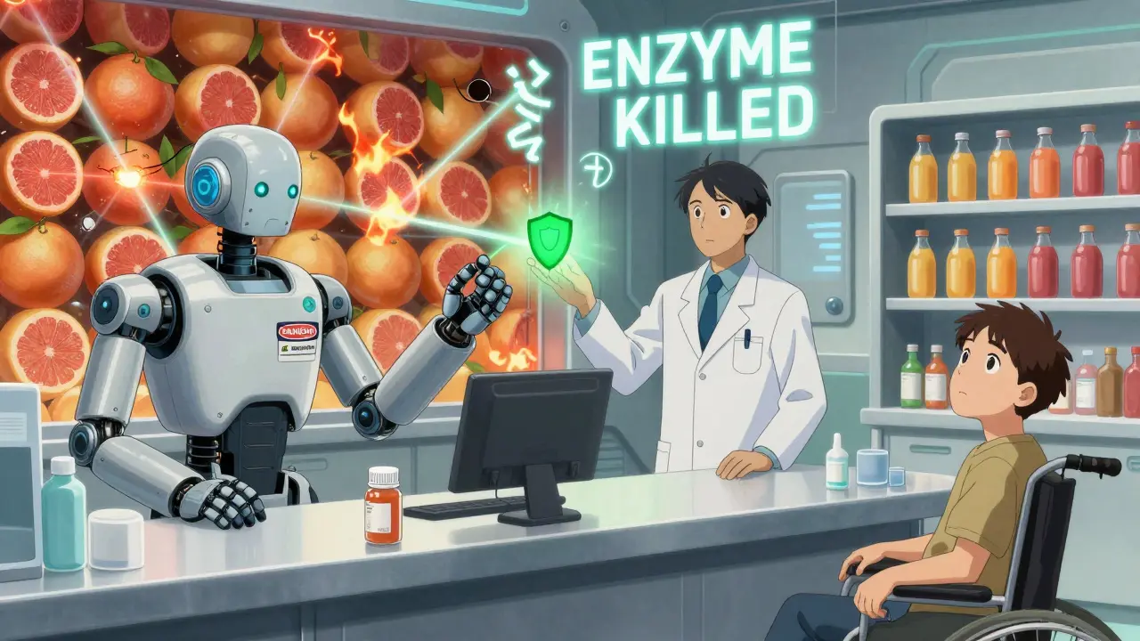 Two robotic pharmacists offer safe vs. dangerous statins, with grapefruits being incinerated as safe alternatives glow green.