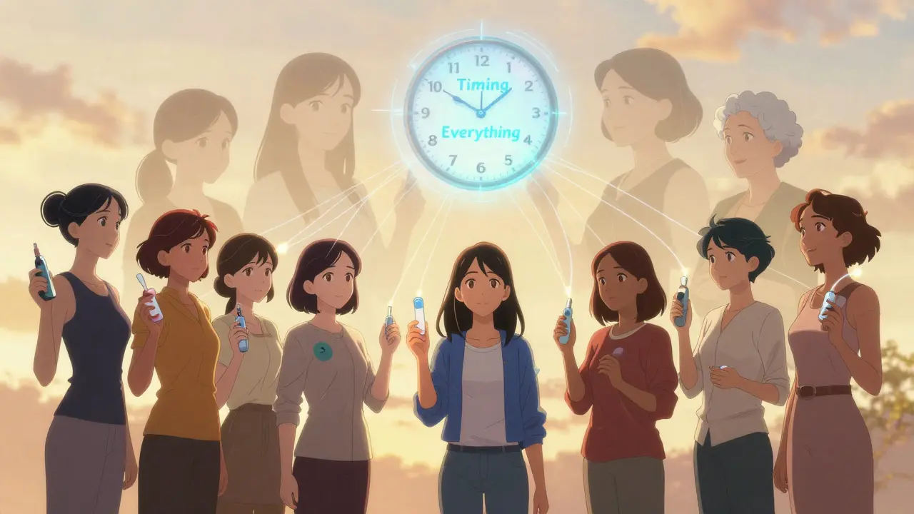 Women of diverse backgrounds connected by energy threads to a clock, representing the optimal timing for hormone therapy.