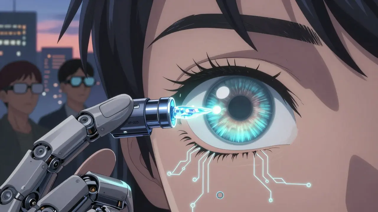 A futuristic eye drop activating a temporary focus zone in the eye, with glowing pupil contraction and circuit-like patterns.