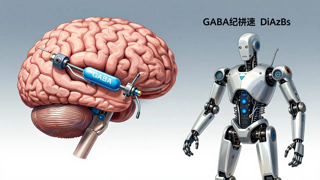A mechanical brain with GABA brake systems activated by two different benzodiazepine modules in anime robot style.