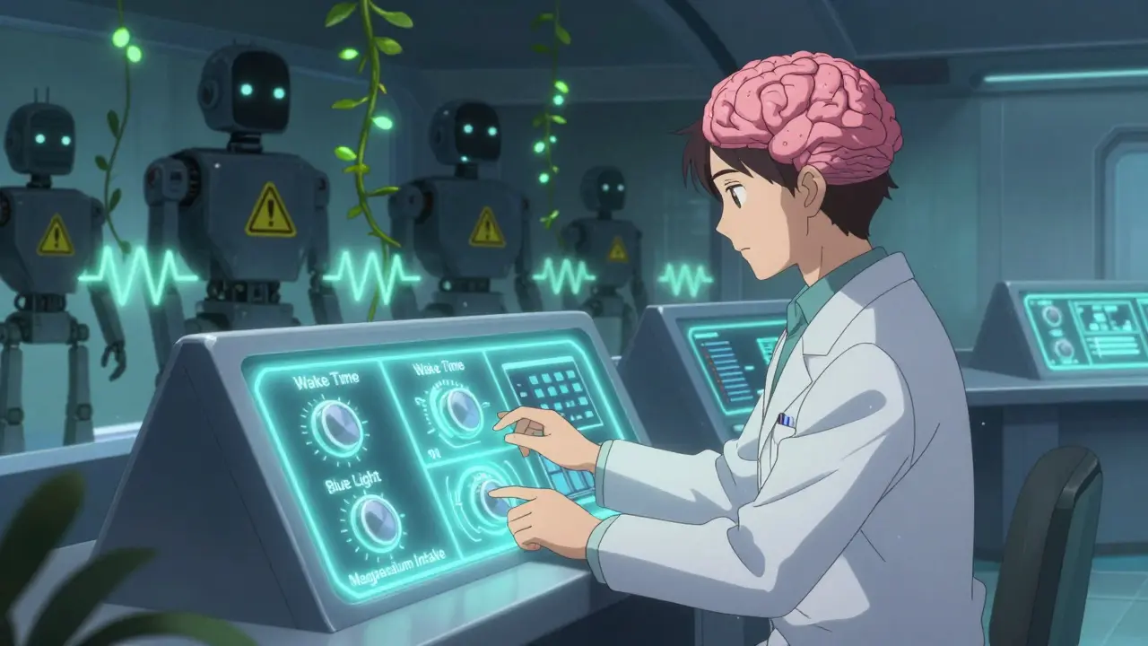 A person's mind as a control room where sleep hygiene settings are being optimized to retire sleep meds.