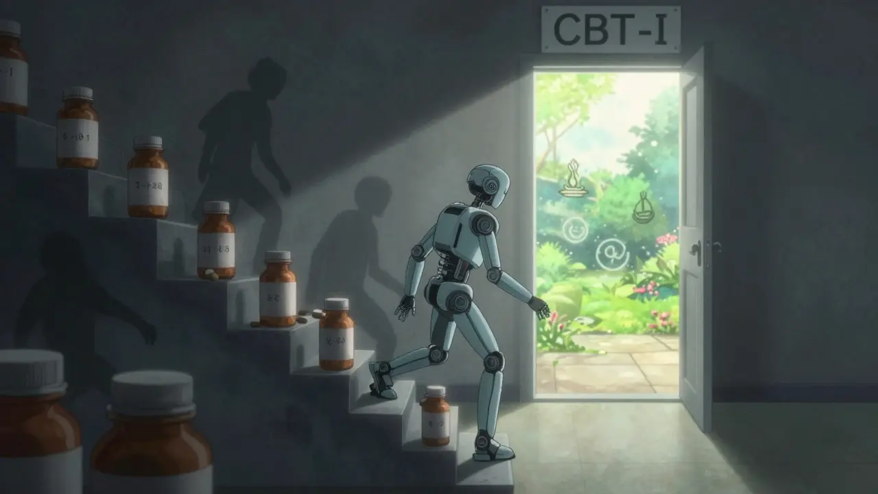 A person descending a staircase of fading pill bottles toward a door labeled 'CBT-I' in anime robot style.