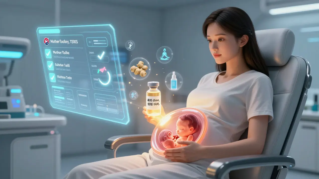 A pregnant woman in a futuristic chamber with a transparent belly showing the fetus and trusted medical info displayed holographically.
