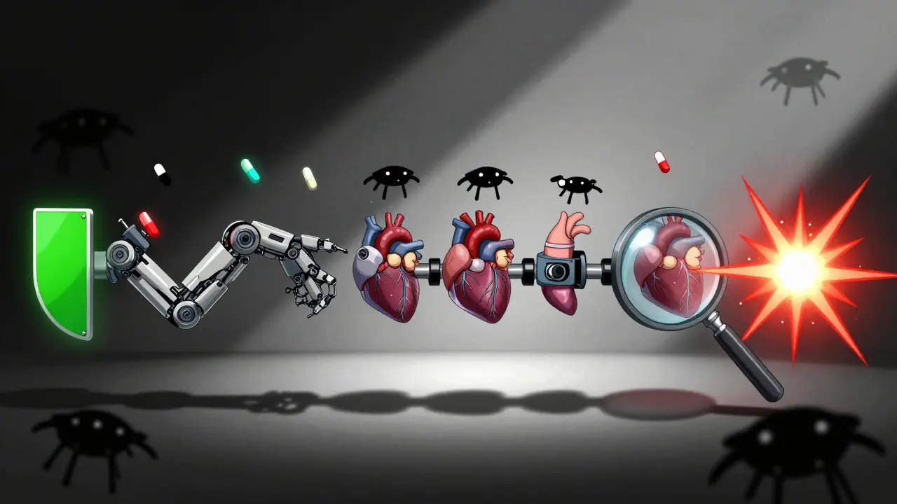 A robotic timeline of embryonic development with drug molecules approaching, some blocked and others triggering alerts.