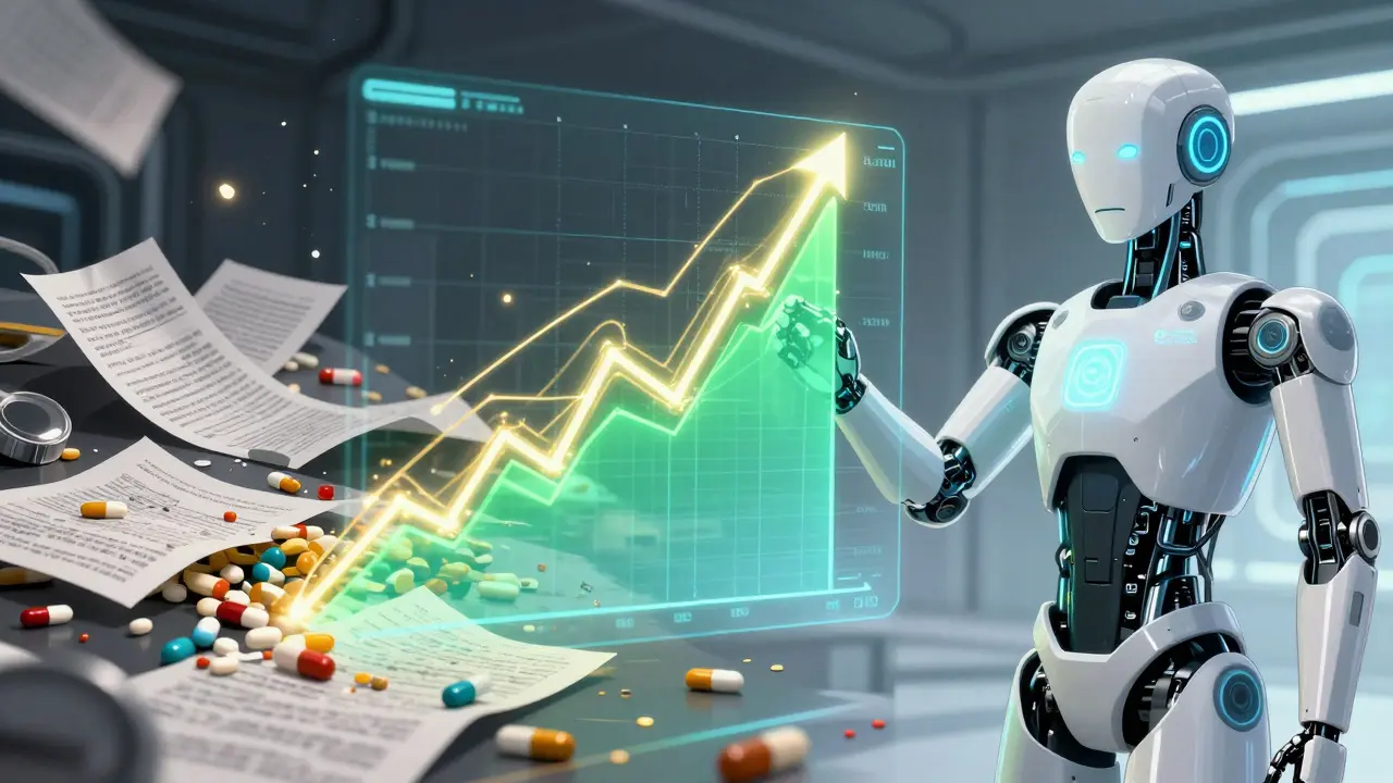 A split scene showing chaotic medication habits transforming into a glowing, AI-guided adherence progress graph.