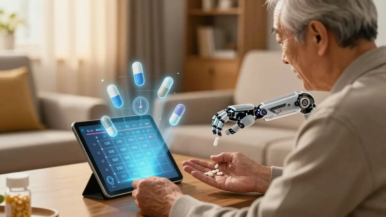 An elderly man receiving a pill from a smart dispenser, with a holographic medication schedule in the air.