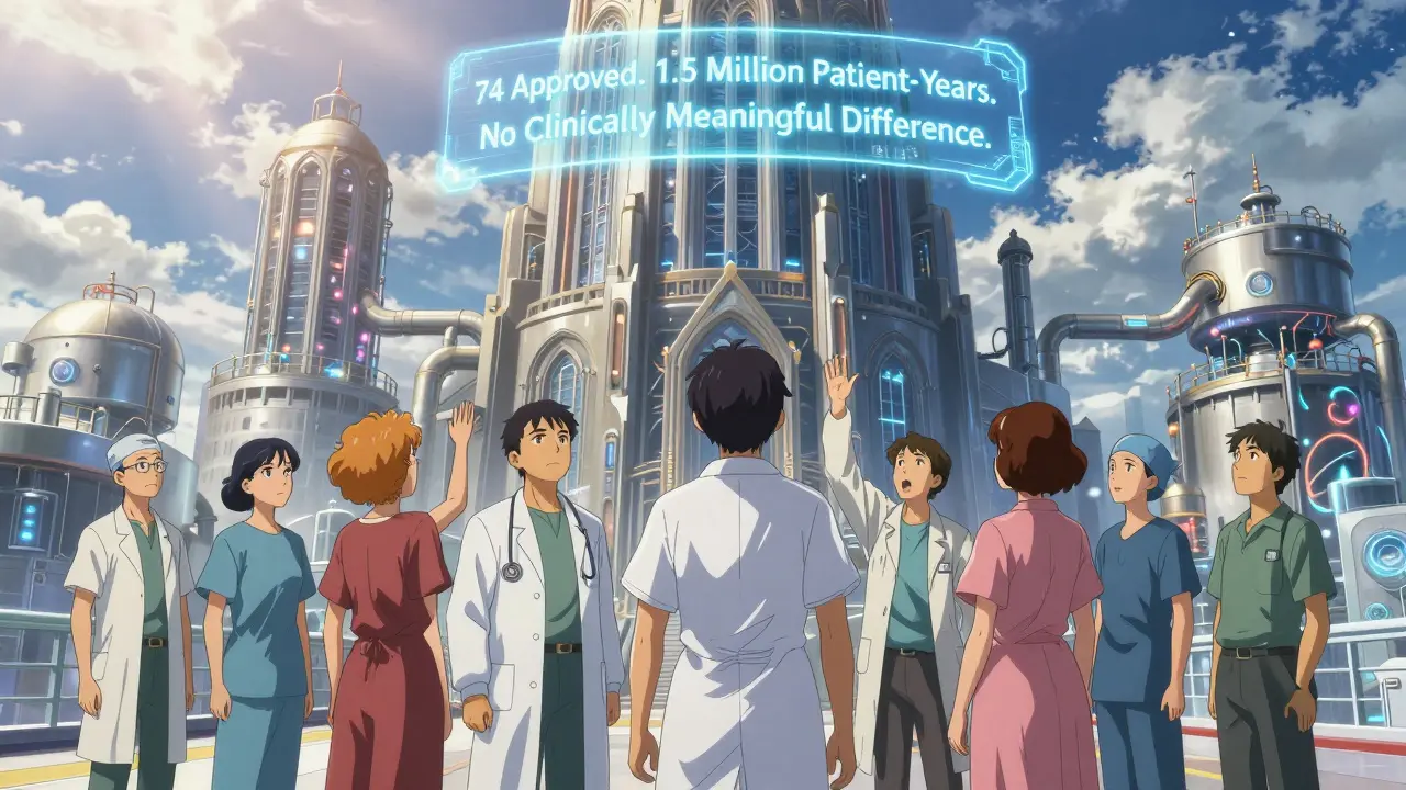 Diverse patients facing a massive biosimilar production facility with holographic proof of safety and efficacy.