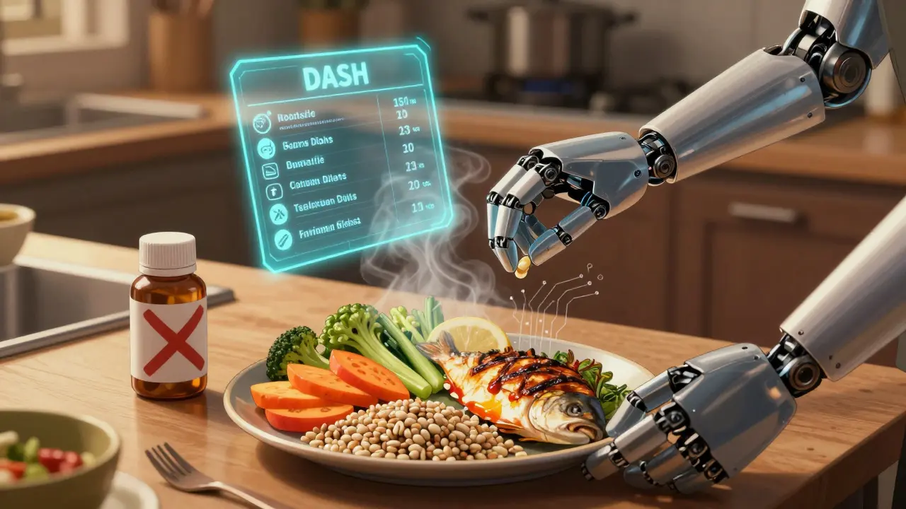 Healthy meal beside medication with robotic arm removing a pill