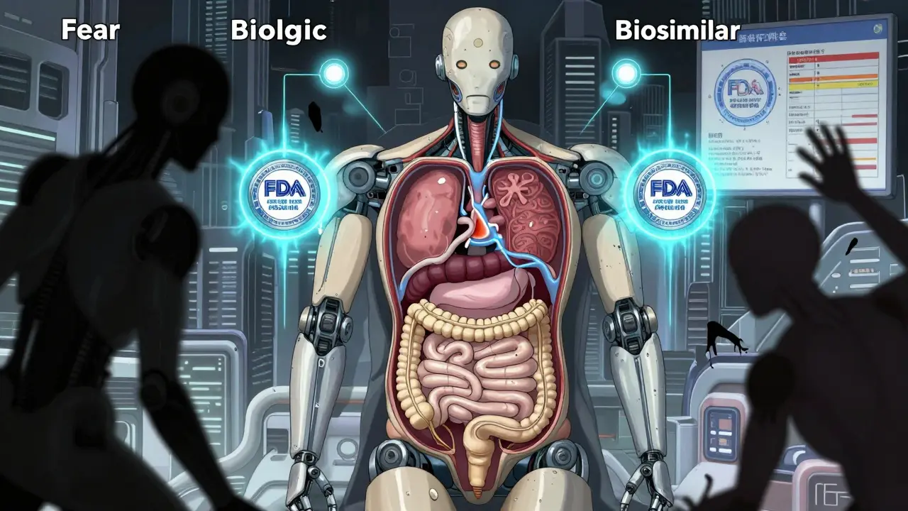 Internal body landscape stabilized by two identical robotic guardians representing biologic and biosimilar treatments.
