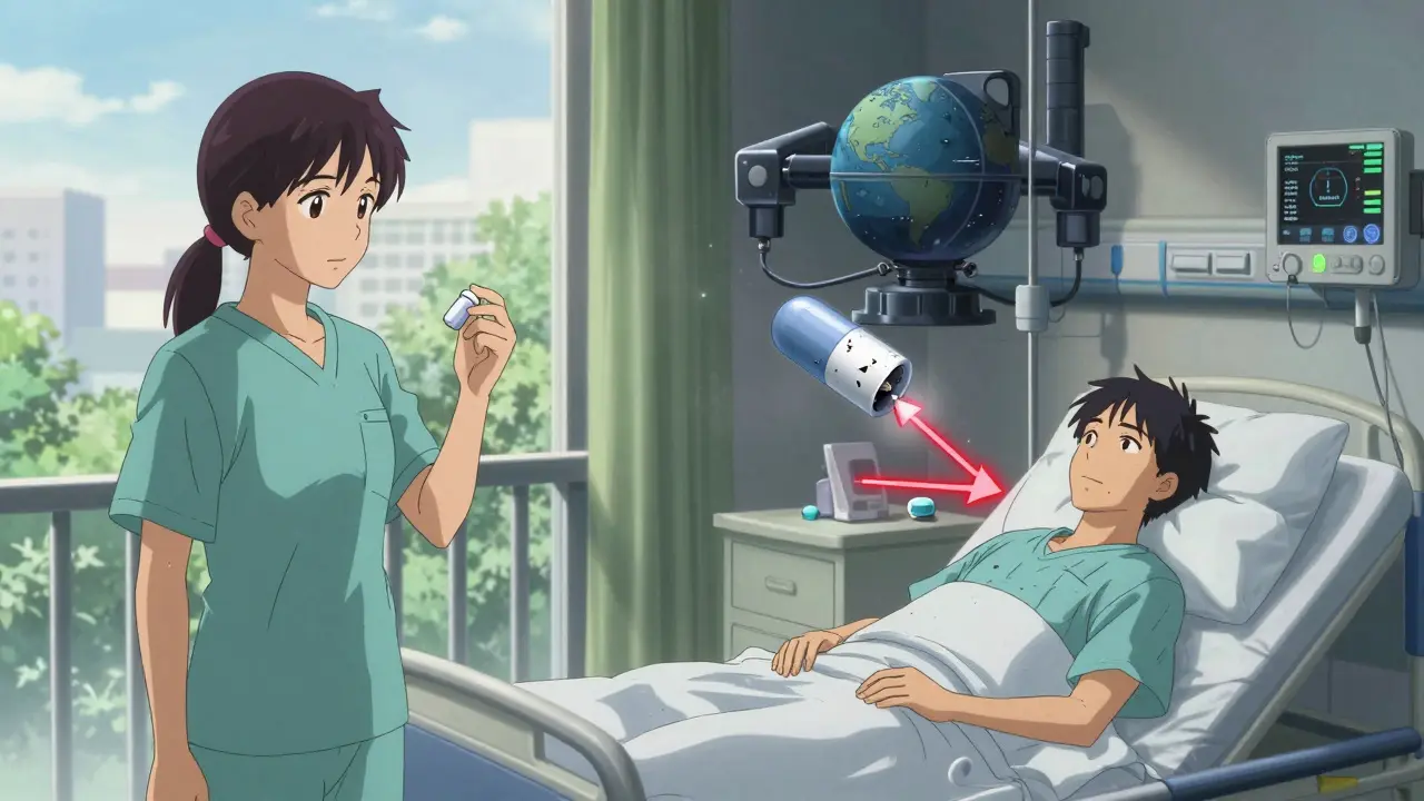 Patient calm at home vs. hospitalized after generic levothyroxine switch, with factory drone above.