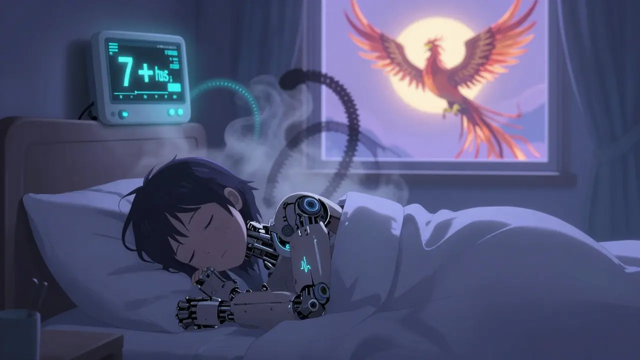 Person sleeping peacefully with glowing sleep monitor above