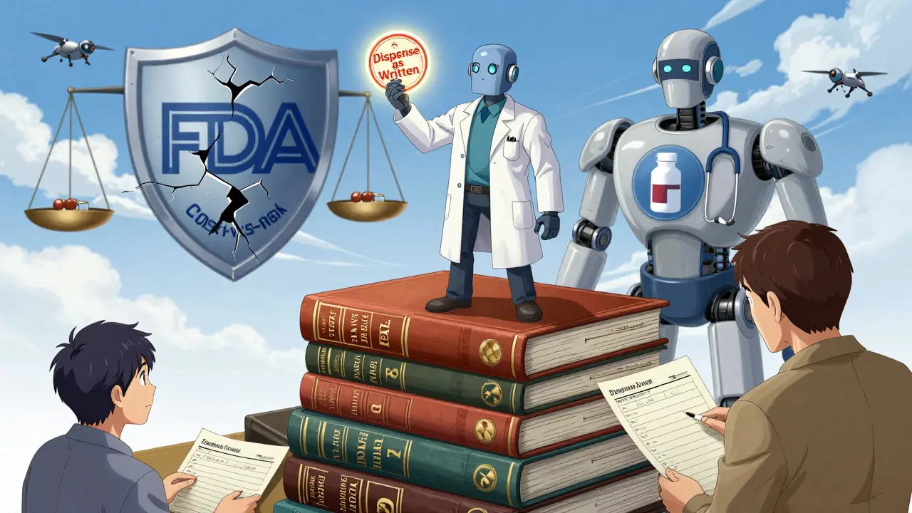 Pharmacist stands atop state law books, stamping 'Dispense as Written' as FDA shield cracks above.