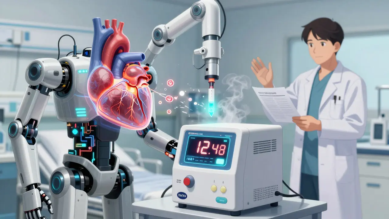 Point-of-care device at bedside with countdown timer and glowing cardiac data overlay during blood test.