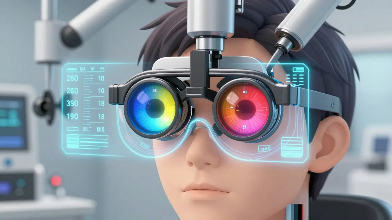 Progressive lenses in a metallic frame with glowing zones and holographic diopter readouts floating nearby.