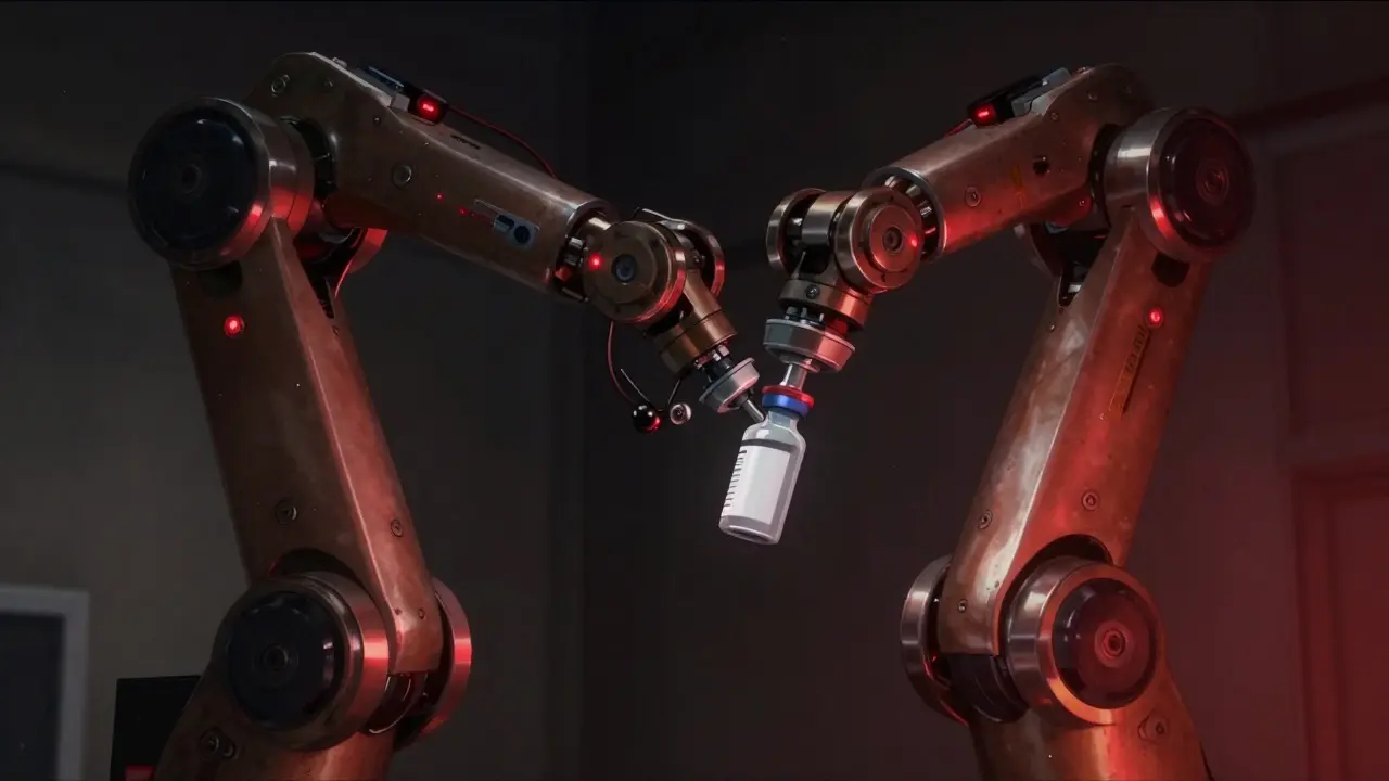 Robotic arm holding medicine container with warning lights.