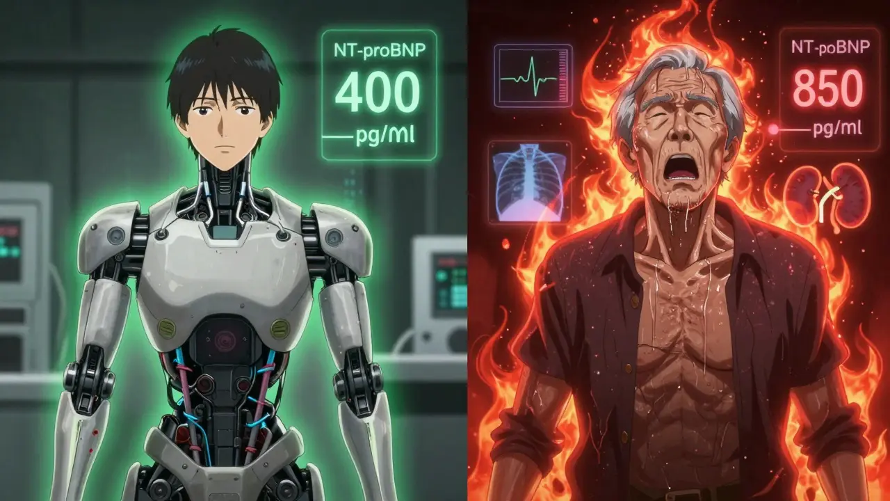 Side-by-side comparison of a young athlete and elderly patient with NT-proBNP levels displayed as colored auras.