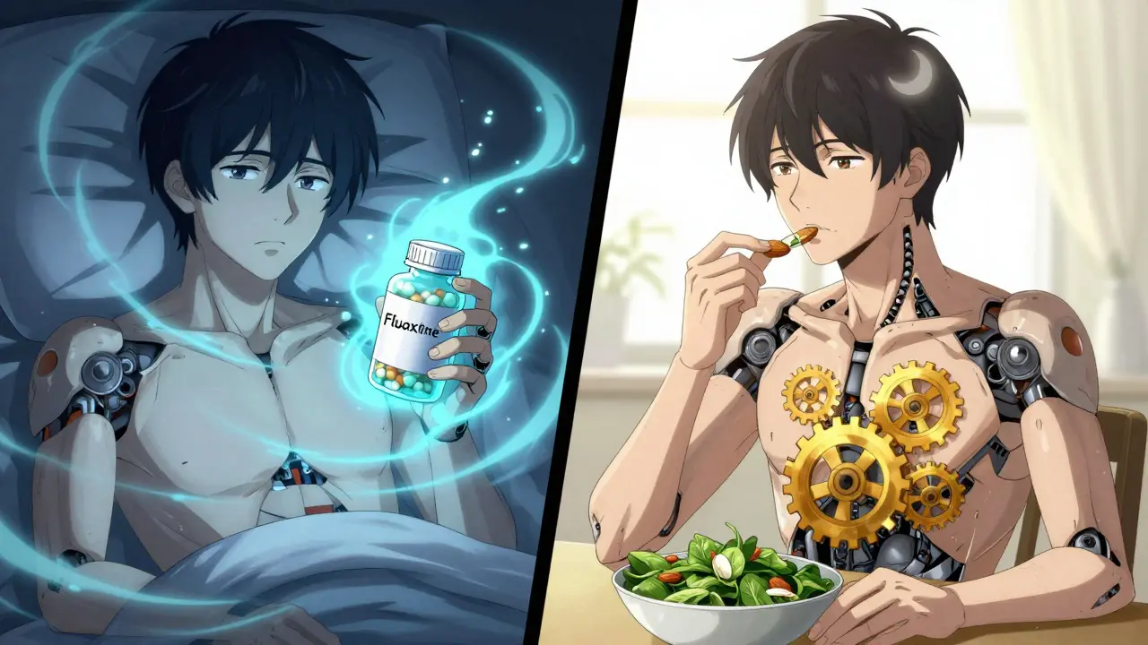 Split scene: one side shows stimulant-induced wakefulness, the other shows natural sleep restoration through diet.