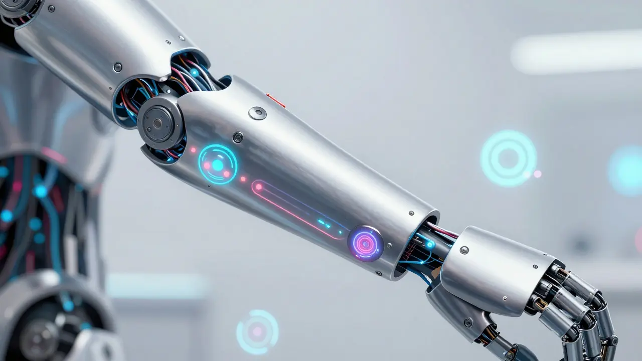 Wearable sensor bands glowing on a mechanical wrist structure.