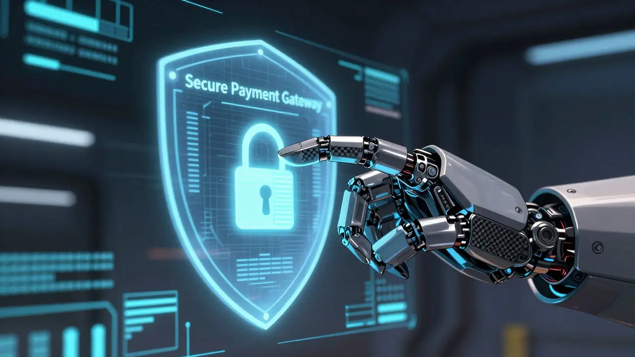 A detailed robotic hand activating a holographic secure payment shield.